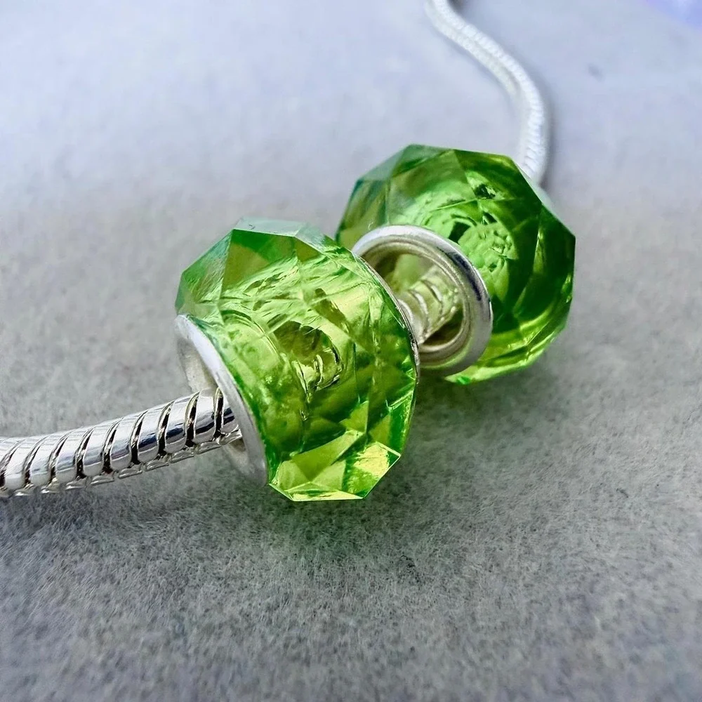 Set of 2 Faceted Lime Green Glass Charm Beads fits PANDORA